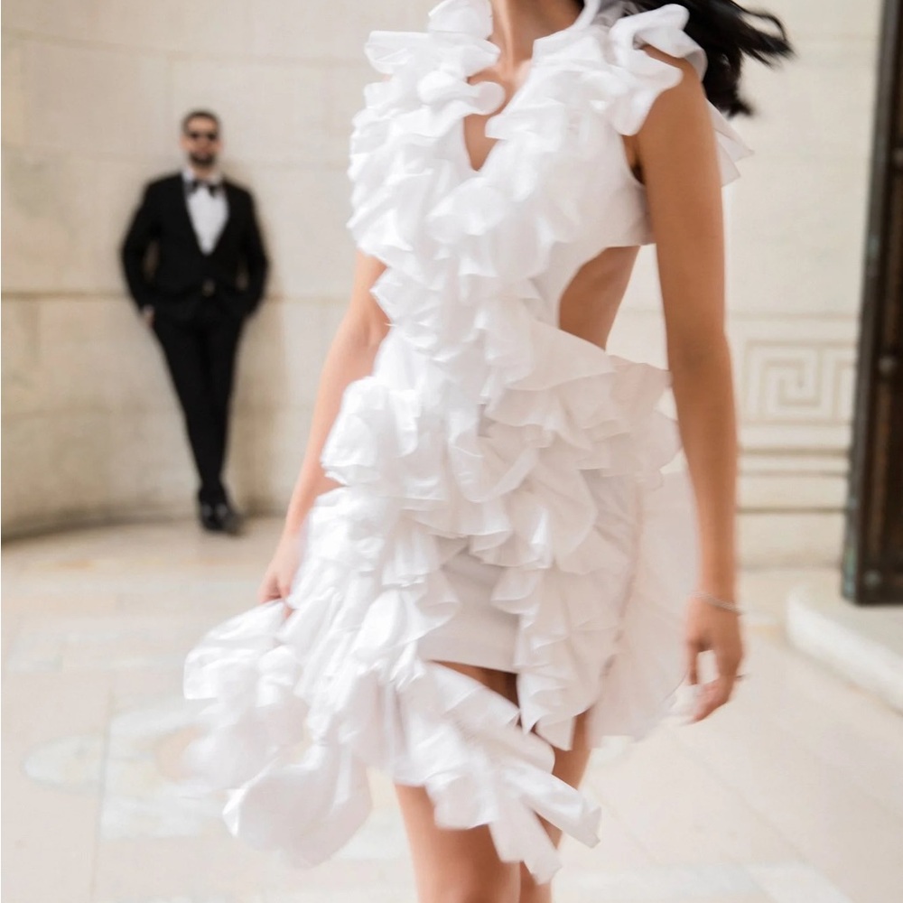 Aknvas White Ruffle Mini Dress